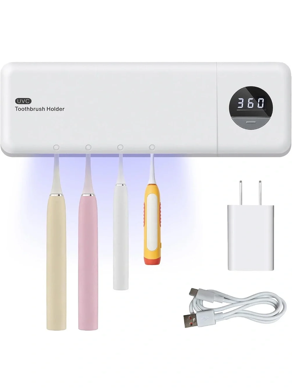 UVC Toothbrush Sanitizer hold with charger and 3 premium toothbrush